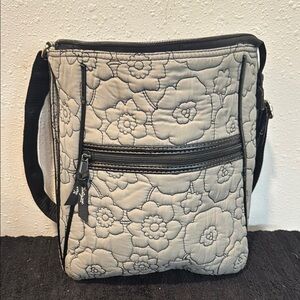 Gray Crossbody Bag with Quilted Floral Pattern
